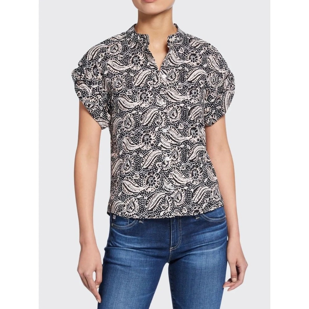 Veronica Beard Paisley Floral Button Down Shirt Roll Sleeve Navy Blush Size 8